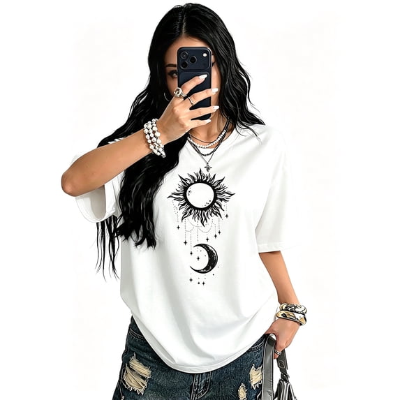 Women's Oversized White T-Shirt with Sun Moon and Stars Graphic, Loose Fit Casual Mystical Tee Top