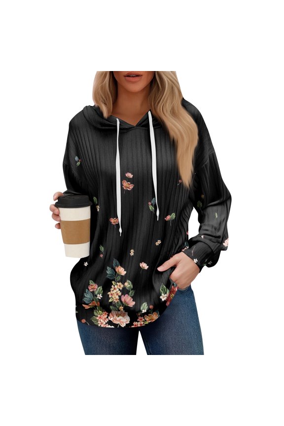 Women's Oversized Winter Cute Floral Print Thin Hooded Sweatshirt Pullover with No Pocket for Trendy Fall Clothes