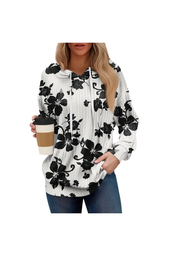 Women's Oversized Winter Cute Floral Print Thin Hooded Sweatshirt Pullover with No Pocket for Trendy Fall Clothes