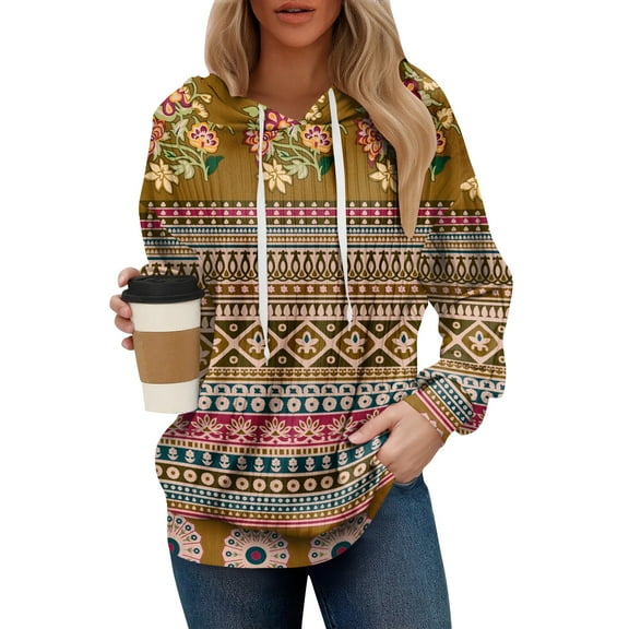 Women's Oversized Winter Cute Retro Geometric Print Thin Hooded Sweatshirt Pullover with No Pocket for Trendy Fall Clothes