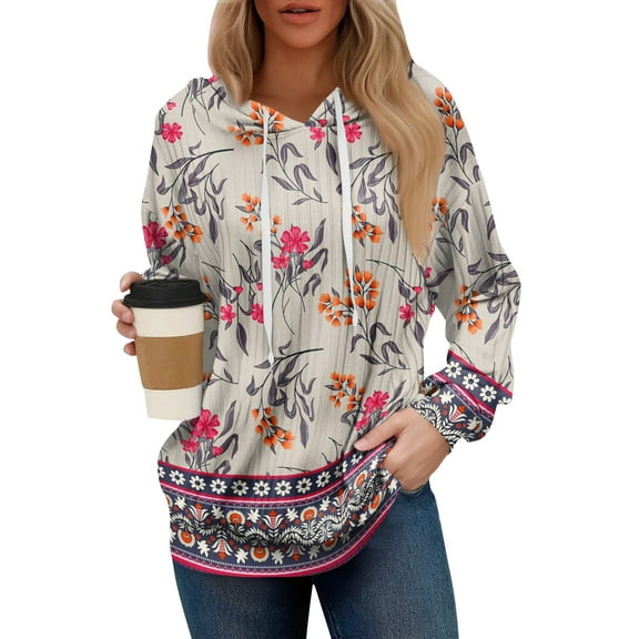 Women's Oversized Winter Cute Retro Geometric Print Thin Hooded Sweatshirt Pullover with No Pocket for Trendy Fall Clothes