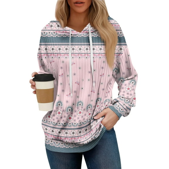 Women's Oversized Winter Cute Retro Geometric Print Thin Hooded Sweatshirt Pullover with No Pocket for Trendy Fall Clothes