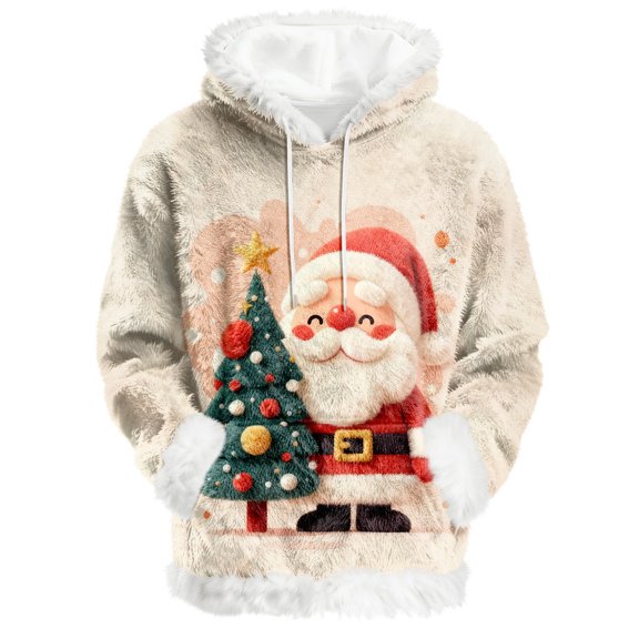 Women's Oversized Winter Plush Flannel Hoodie with Cute Santa Christmas Print, Pullover Sweatshirt for Trendy Fall and Winter Fashion Clothing,Beige,S
