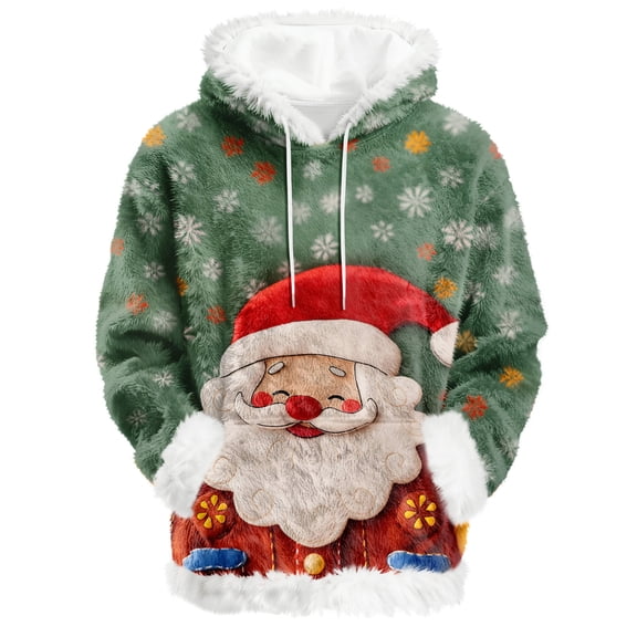 Women's Oversized Winter Plush Flannel Hoodie with Cute Santa Christmas Print, Pullover Sweatshirt for Trendy Fall and Winter Fashion Clothing,Dark Green,S