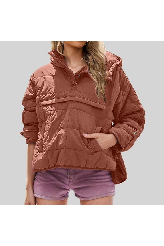 Women's Oversized Winter Warm Quilted Puffer Jacket Lightweight Insulated Hooded Pullover Style with Large Chest Pockets Long Sleeve Casual Outerwear for Cold Days