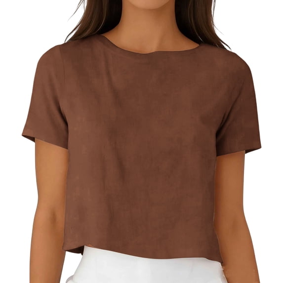 Women's Oversized Workout Cropped T Shirts Crew Neck Short Sleeve Casual Loose Summer Cotton Linen Crop Tee Tops Brown XXXL(XXXL)