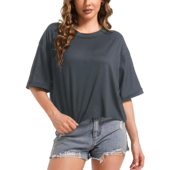 Women's Oversized Workout Cropped T Shirts Crew Neck Short Sleeve Casual Loose Summer Crop Tee Tops