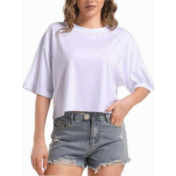 Women's Oversized Workout Cropped T Shirts Crew Neck Short Sleeve Casual Loose Summer Crop Tee Tops