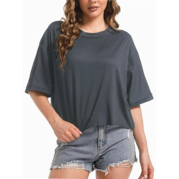 Women's Oversized Workout Cropped T Shirts Crew Neck Short Sleeve Casual Loose Summer Crop Tee Tops