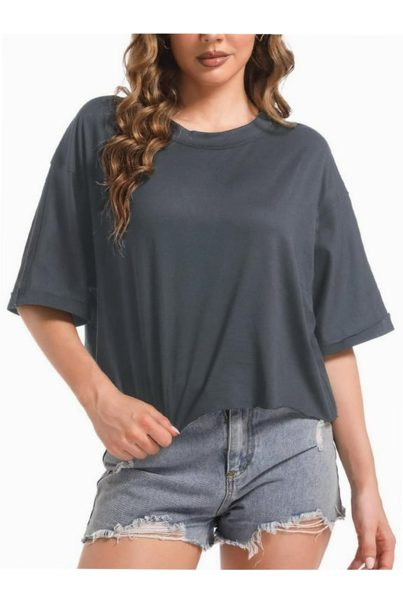 Women's Oversized Workout Cropped T Shirts Crew Neck Short Sleeve Casual Loose Summer Crop Tee Tops