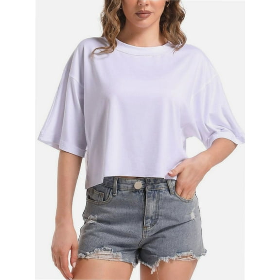 Women's Loose Fit Crop Tee - Short Sleeve Crew Neck Casual T-Shirt - Summer Comfort Top