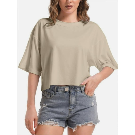 Women's Loose Fit Crop Tee - Short Sleeve Crew Neck Casual T-Shirt - Summer Comfort Top