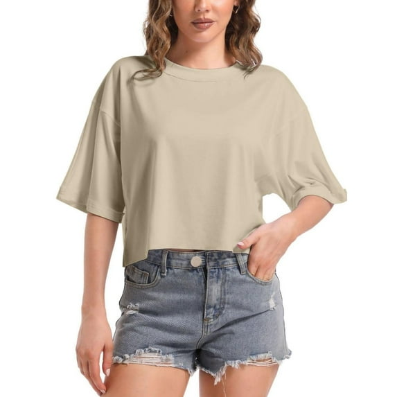 Women's Oversized Workout Cropped T Shirts Crew Neck Short Sleeve Casual Loose Summer Crop Tee Tops