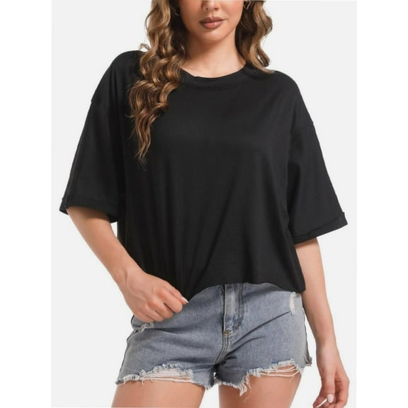 Women's Loose Fit Crop Tee - Short Sleeve Crew Neck Casual T-Shirt - Summer Comfort Top