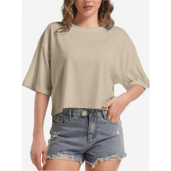 Women's Oversized Workout Cropped T Shirts Crew Neck Short Sleeve Casual Loose Summer Crop Tee Tops