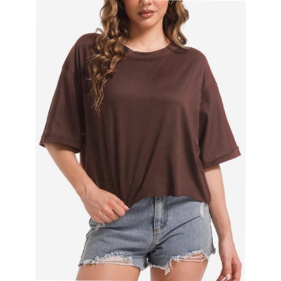 Women's Oversized Workout Cropped T Shirts Crew Neck Short Sleeve Casual Loose Summer Crop Tee Tops