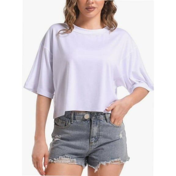 Women's Oversized Workout Cropped T Shirts Crew Neck Short Sleeve Casual Loose Summer Crop Tee Tops
