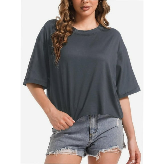 Women's Oversized Workout Cropped T Shirts Crew Neck Short Sleeve Casual Loose Summer Crop Tee Tops