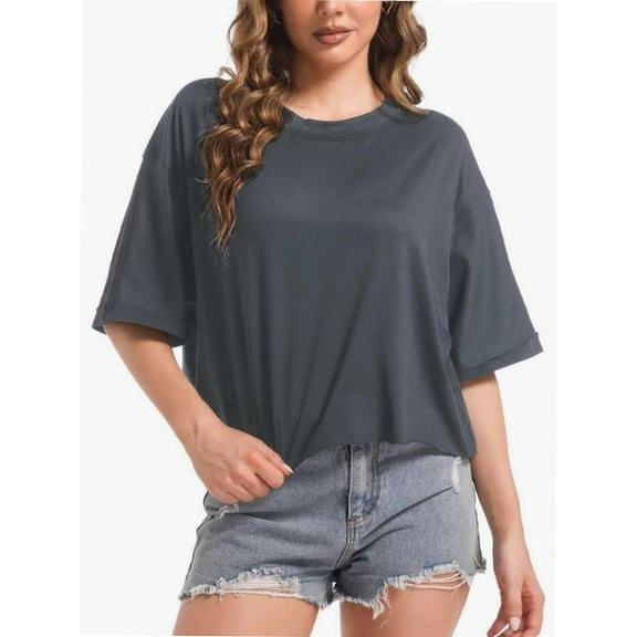 Women's Oversized Workout Cropped T Shirts Crew Neck Short Sleeve Casual Loose Summer Crop Tee Tops
