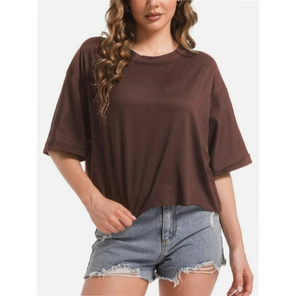 Women's Loose Fit Crop Tee - Short Sleeve Crew Neck Casual T-Shirt - Summer Comfort Top