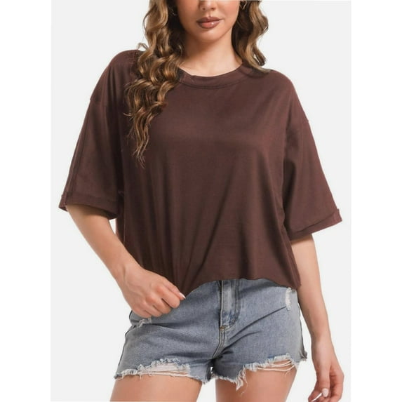 Women's Loose Fit Crop Tee - Short Sleeve Crew Neck Casual T-Shirt - Summer Comfort Top