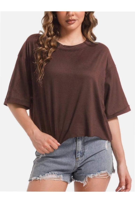 Women's Loose Fit Crop Tee - Short Sleeve Crew Neck Casual T-Shirt - Summer Comfort Top