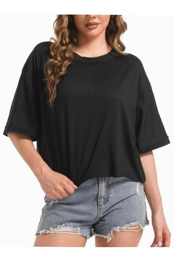 Women's Oversized Workout Cropped T Shirts Crew Neck Short Sleeve Casual Loose Summer Crop Tee Tops
