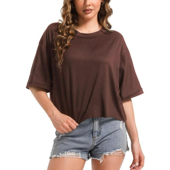 Women's Oversized Workout Cropped T Shirts Crew Neck Short Sleeve Casual Loose Summer Crop Tee Tops