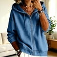 thumbnail image 1 of Women's Oversized Zip Hoodie Denim Jackets Casual Streetwear Long Sleeve Jean Tops Fall Winter Washed Coat Blue M, 1 of 6