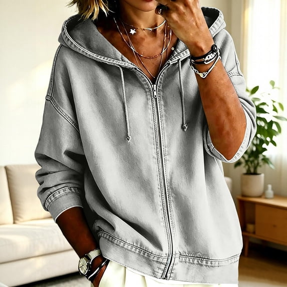Women's Oversized Zip Hoodie Denim Jackets Casual Streetwear Long Sleeve Jean Tops Fall Winter Washed Coat Light Gray S