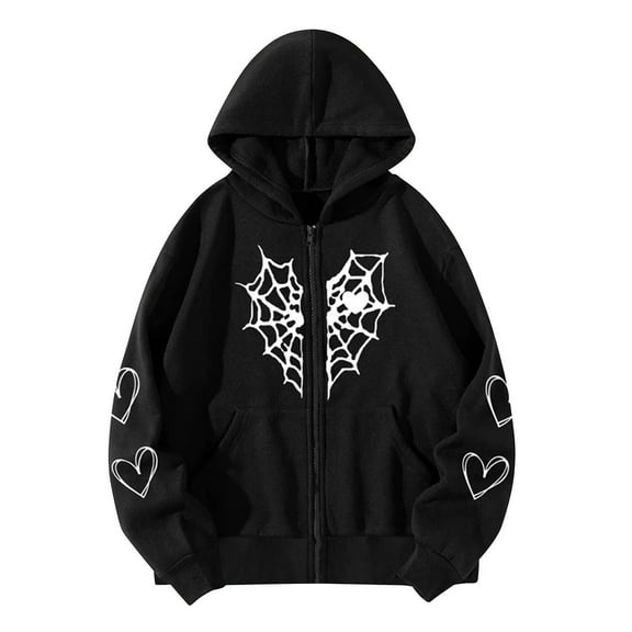 Women's Oversized Zip Up Hoodie Spider Web and Heart Shaped Print Pullover Jacket for Fall Winter Black 3XL