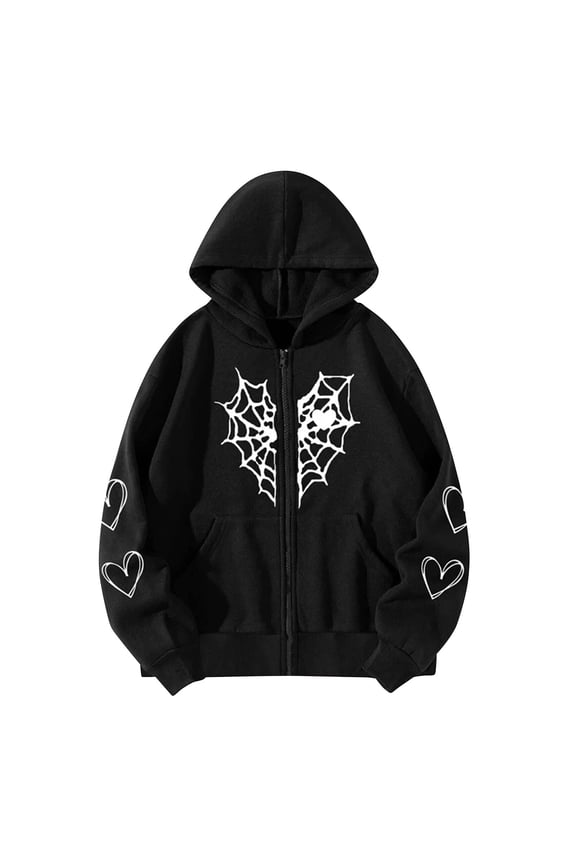 Women's Oversized Zip Up Hoodie Spider Web and Heart Shaped Print Pullover Jacket for Fall Winter Black M