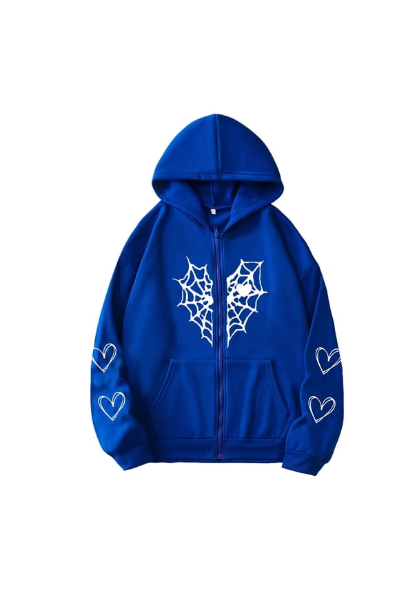 Women's Oversized Zip Up Hoodie Spider Web and Heart Shaped Print Pullover Jacket for Fall Winter Blue XL