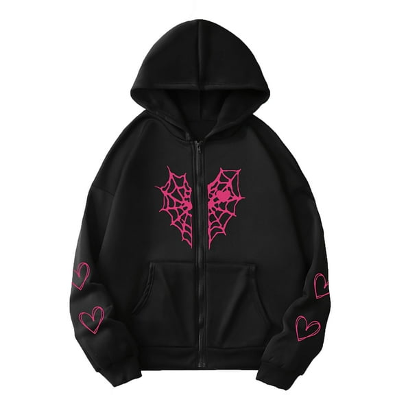 Women's Oversized Zip Up Hoodie Spider Web and Heart Shaped Print Pullover Jacket for Fall Winter Dark Gray M