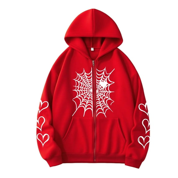 Women's Oversized Zip Up Hoodie Sweatshirt Coat Gothic Spider Web Heart Graphic Long Sleeve Sweatshirt Jacket With Pockets