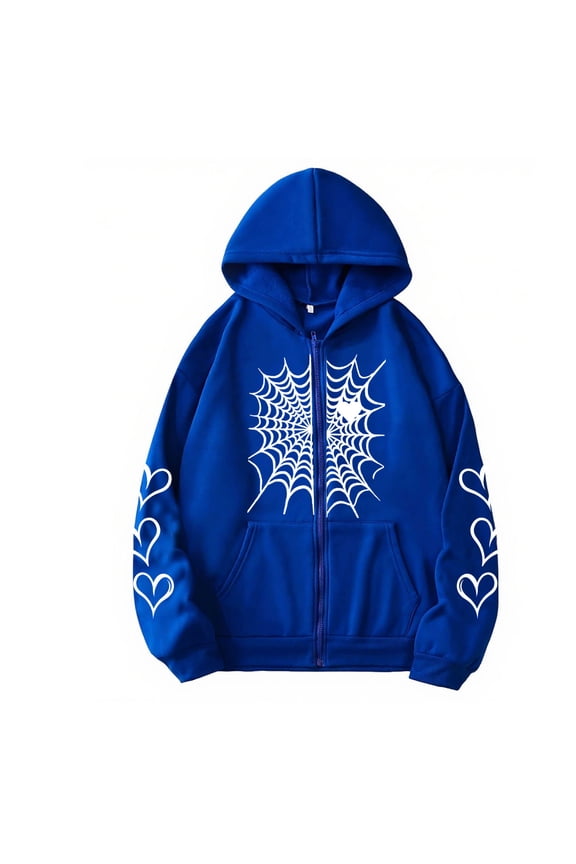 Women's Oversized Zip Up Hoodie Sweatshirt Coat Gothic Spider Web Heart Graphic Long Sleeve Sweatshirt Jacket With Pockets