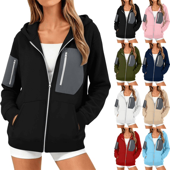 Women's Oversized Zip Up Hoodies Pullover Fashion Block Zipper Pocket Hoodie Solid Color Long Sleeve Casual Hoodie