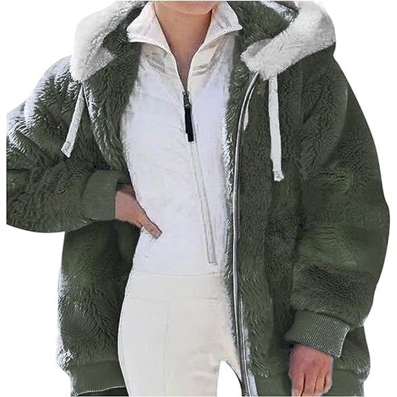 Women's Oversized fleece jackets Plush Long Sleeve Full Zip Up Sherpa Jackets Thermal Warm Winter Hooded Outerwear with Pocket Warm Clothes