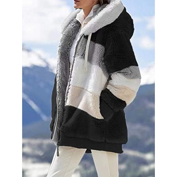 Women's Oversized fleece jackets Plush Long Sleeve Full Zip Up Sherpa Jackets Thermal Warm Winter Hooded Outerwear with Pocket Warm Clothes