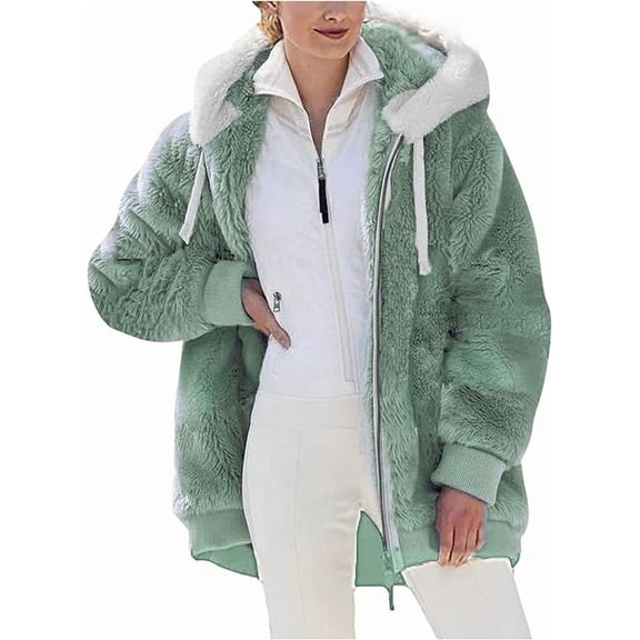 Women's Oversized fleece jackets Plush Long Sleeve Full Zip Up Sherpa Jackets Thermal Warm Winter Hooded Outerwear with Pocket Warm Clothes