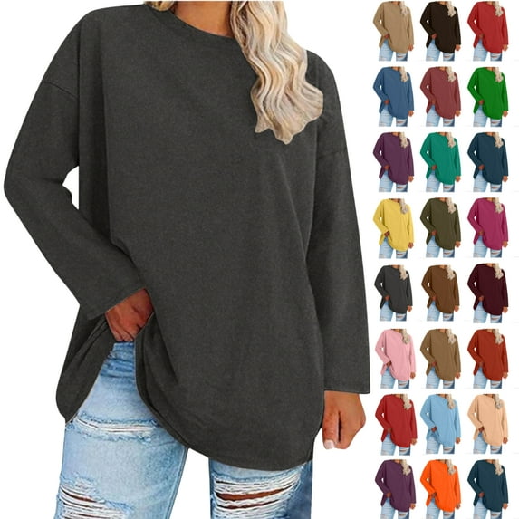 Women's Oversized-neck Long Sleeved Solid Color Summer Base T-shirt,Dark Gray_3XL