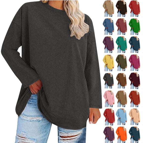 Women's Oversized-neck Long Sleeved Solid Color Summer Base T-shirt,Dark Gray_XL