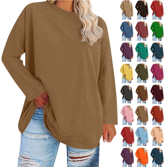 Women's Oversized-neck Long Sleeved Solid Color Summer Base T-shirt,Khaki 2_XL