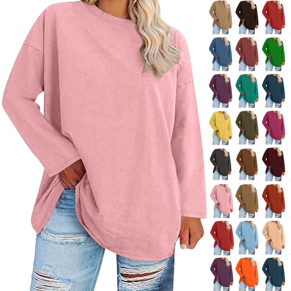 Women's Oversized-neck Long Sleeved Solid Color Summer Base T-shirt,Pink_4XL
