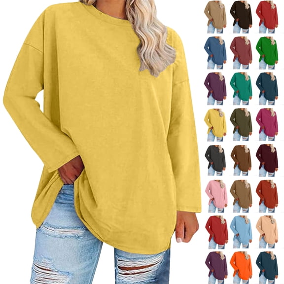 Women's Oversized-neck Long Sleeved Solid Color Summer Base T-shirt,Yellow_2XL