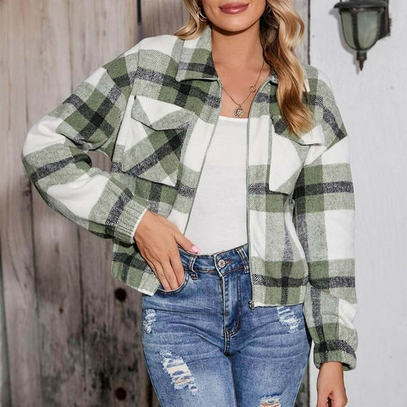 Women's Oversizes Plaid Shacket 2022 European And American And Winter New Casual Short Printed Plaid Pocket Zipper Jacket