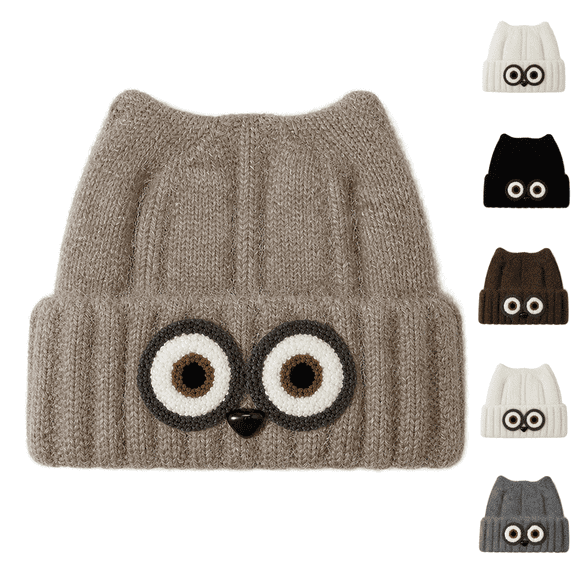 Women's Owl Ear Knit Beanie Hat Cute Animal Face Winter Warm Knitted Cap Fuzzy Lined Ski Hat for Fall Winter