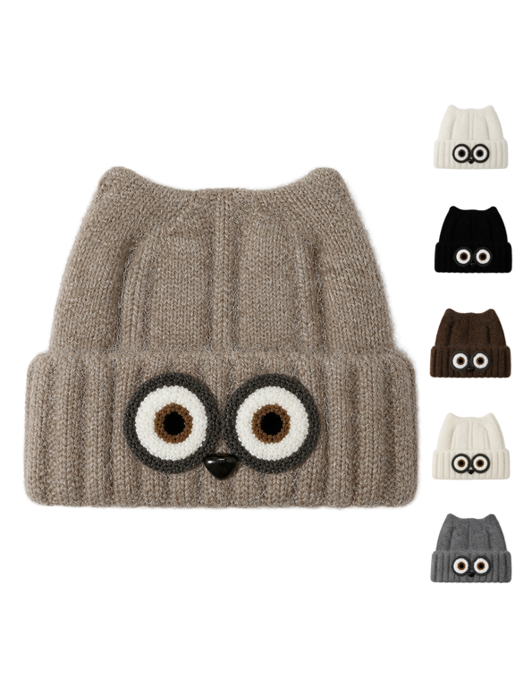 Women's Owl Ear Knit Beanie Hat Cute Animal Face Winter Warm Knitted Cap Fuzzy Lined Ski Hat for Fall Winter