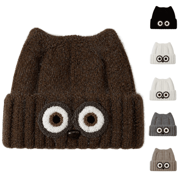 Women's Owl Ear Knit Beanie Hat Cute Animal Face Winter Warm Knitted Cap Fuzzy Lined Ski Hat for Fall Winter