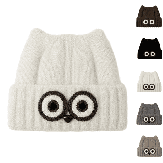 Women's Owl Ear Knit Beanie Hat Cute Animal Face Winter Warm Knitted Cap Fuzzy Lined Ski Hat for Fall Winter
